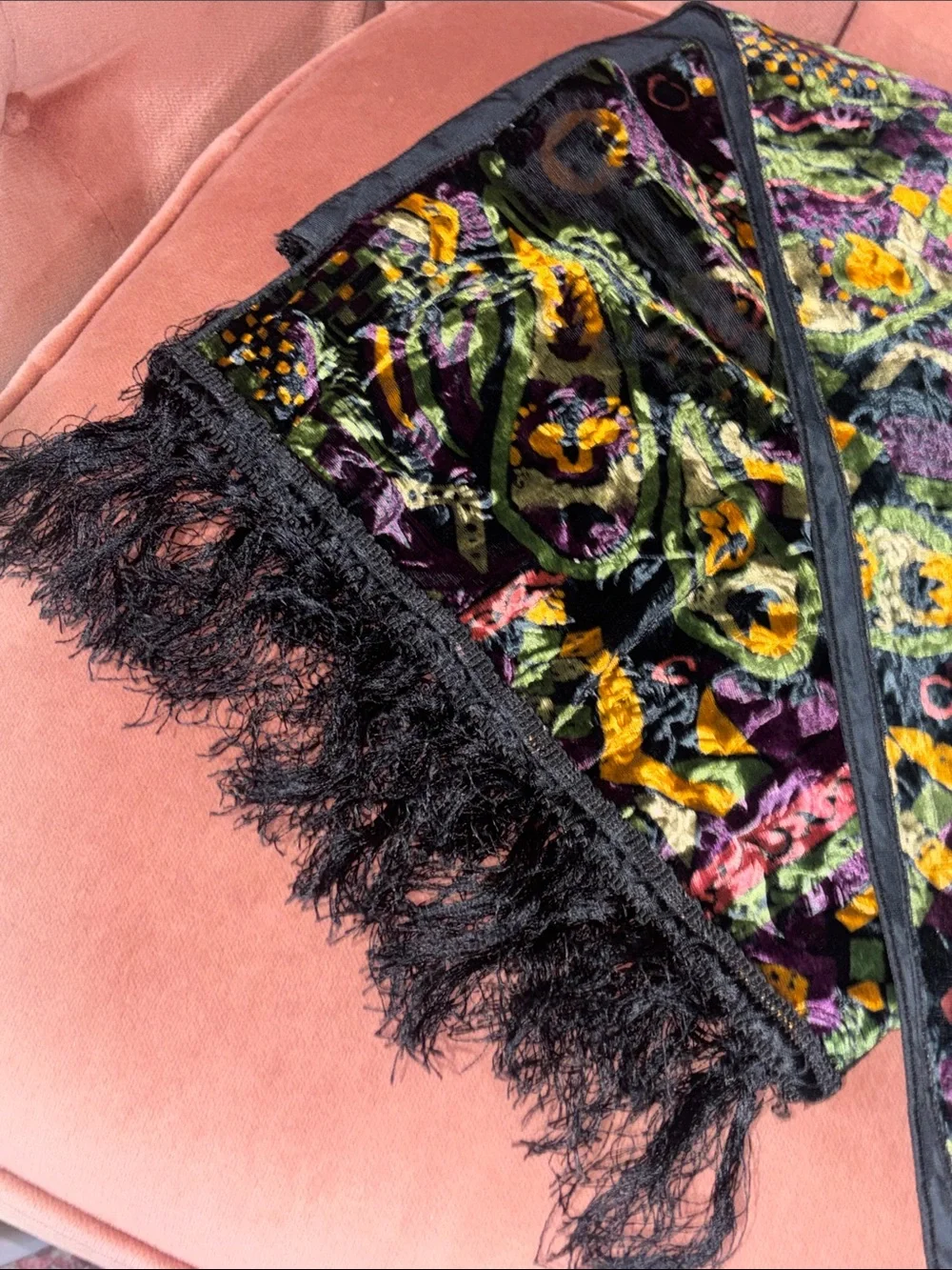Stunning Vintage velvet burnout table runner fringe rich multicolor patterned